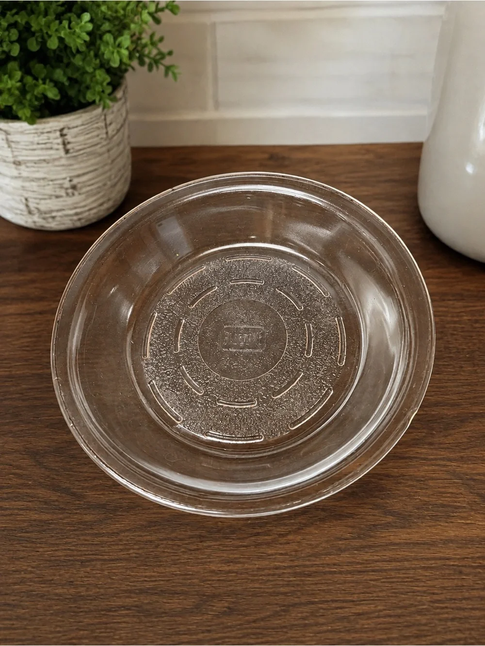 Vintage PYREX Clear Glass Pie Plate Baking Dish Raised Logo USA - Rim Chip
